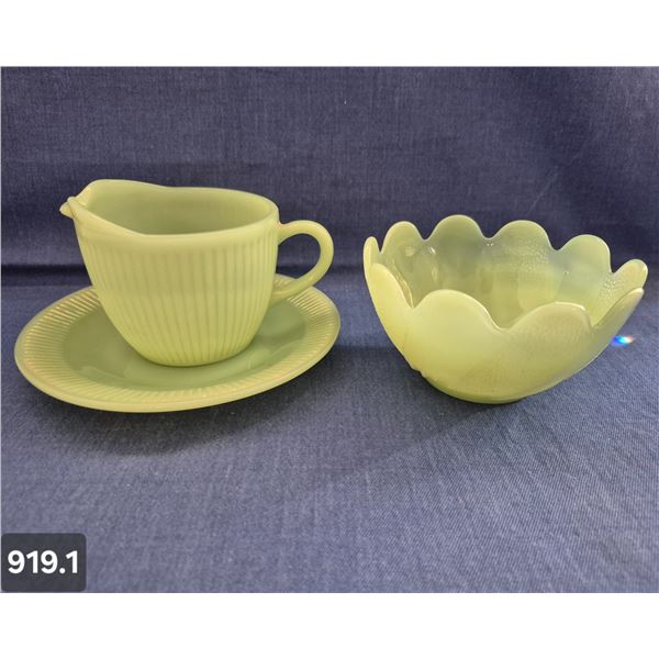 Group of 3 jadeite items - cup & saucer (Fire-King), and small bowl