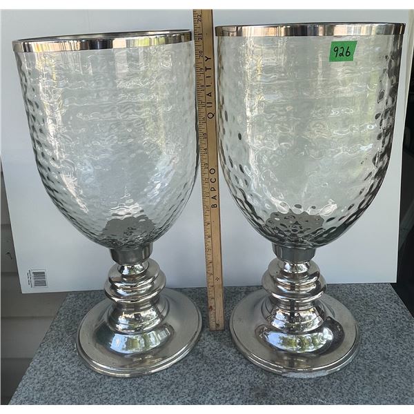 (2) Decorative Glass & Metal Pedestal Hurricane Goblets, 21.5” tall