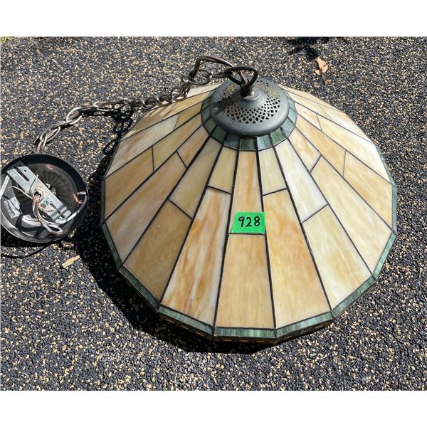 Vintage Tiffany-Style Stained-Glass Hanging Ceiling Lamp.  Cream & Amber Panels. 16.5” wide