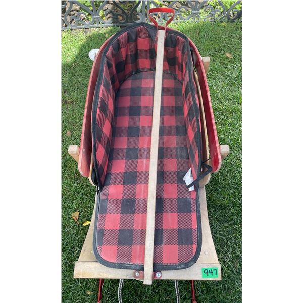 Child’s Pull Sleigh. Hardwood Runners, Soft Plaid Insert