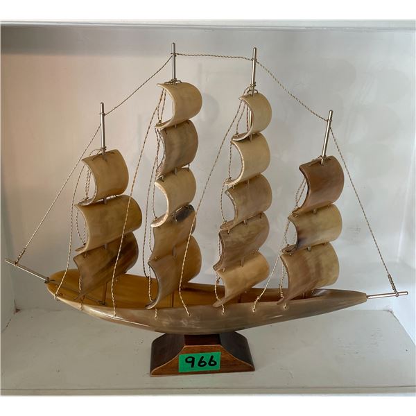 Vintage Bull Horn 4-Mast Clipper Ship on Wood Base.  16”x 14”h