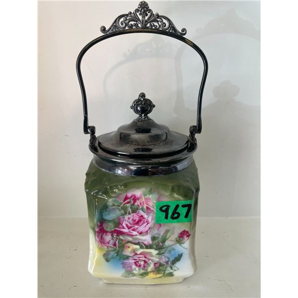 Vintage Tea Biscuit Jar w/ Ornate Handle – Good Condition, No Chips