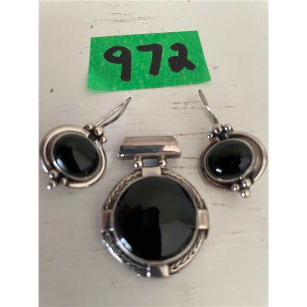 Sterling Silver Onyx Pendant (1”x 1 ¼”) and Drop Earring Set