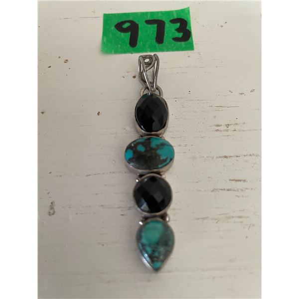 Sterling Silver Turquoise & Faceted Black Onyx Pendant, 2 ½” Long