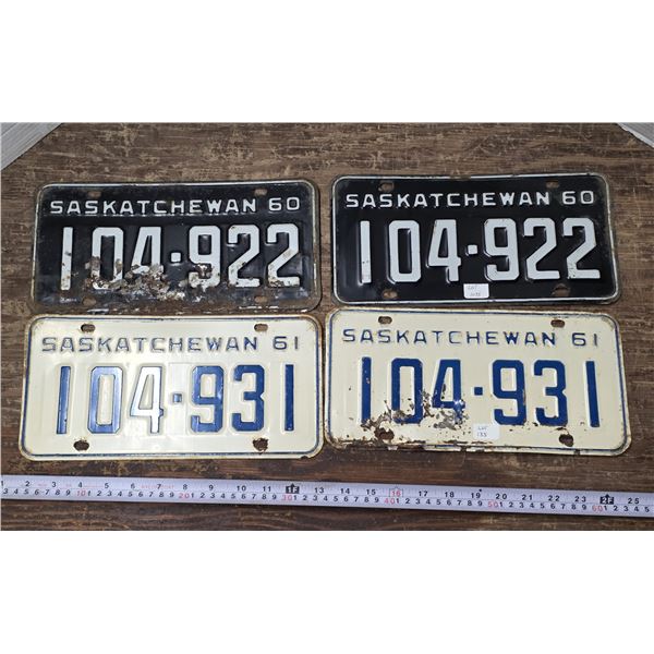(4) 1960 & 1961 Sask Licence Plates (2 Matching Sets)