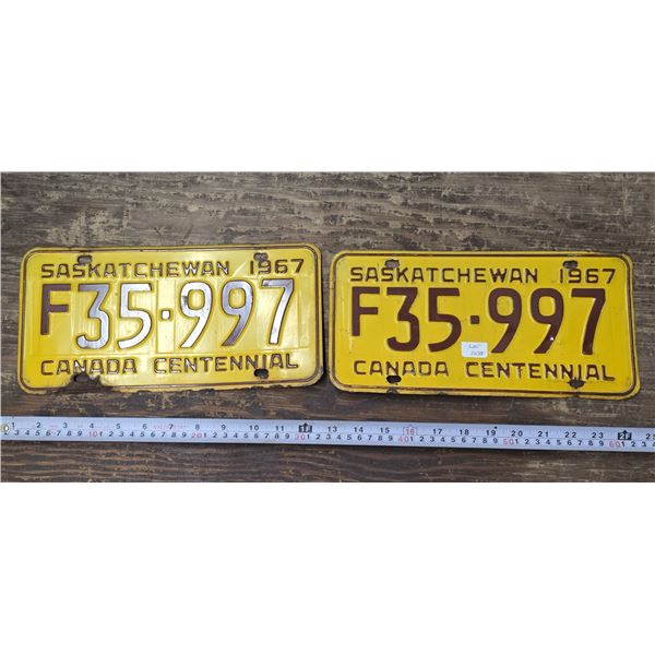 (2) 1967 Centennial Sask Farm Licence Plates - Matching Set
