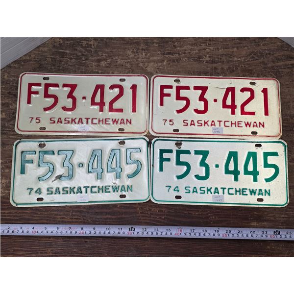 (4) 1974 & 1975 Sask Farm Licence Plates (2 Matching Set)