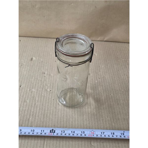 8" tall snap top jar- stamped victory 1925