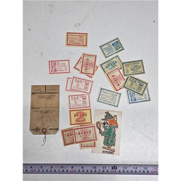 Lot of misc advertising stickers, nabob
