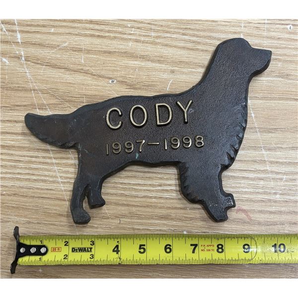 Brass Dog memorial plaque shaped like a Golden Retriever silhouette, personalized with the name "COD
