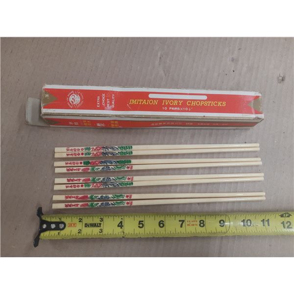 Vintage boxed of faux-ivory plastic chopsticks made by Mong Lee Shang in Taiwan.