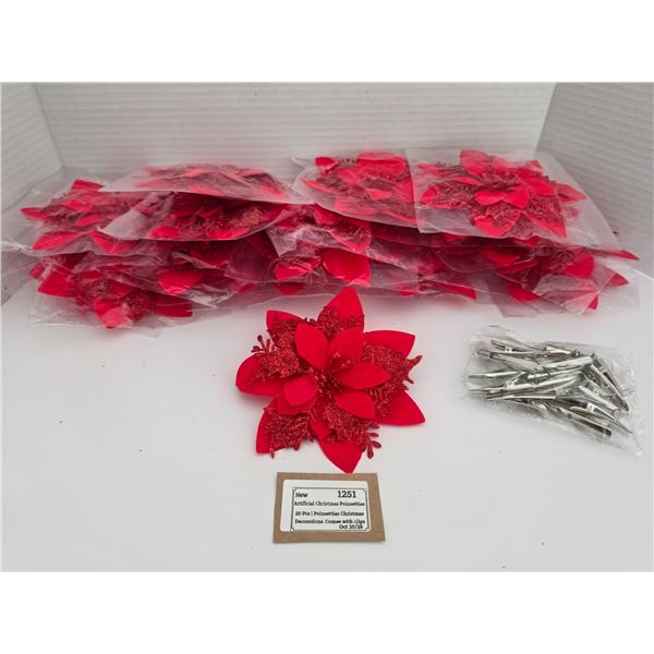(20) NEW Red Artificial Christmas Poinsettias w/ Clips