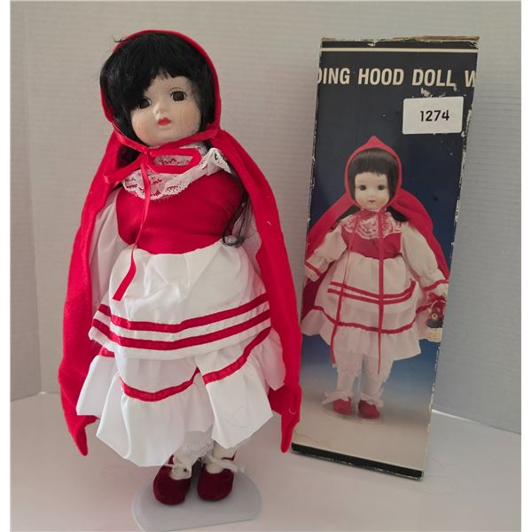 Vintage Porcelain Musical Red Riding Hood Doll w/ Stand.  16” Tall.