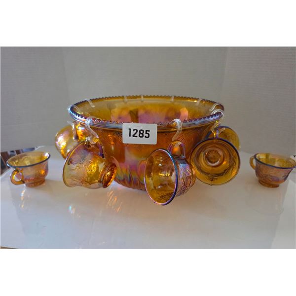 Vintage Indiana Glass Large Punch Bowl w/ (12) Cups & Clips (2 clips missing)