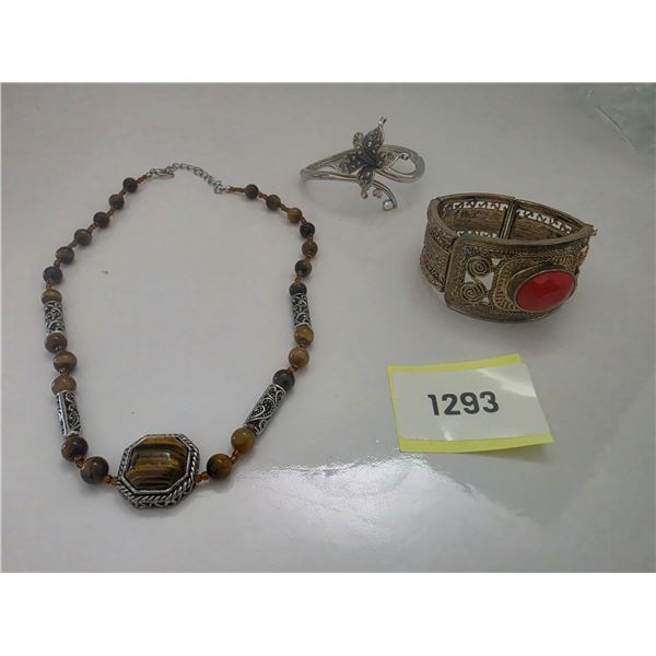 Vintage Tiger-Eye Necklace w/ Silver-Toned Filigree Beads, Vintage Bracelet