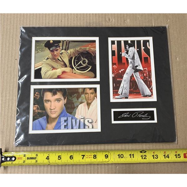 Photographic collage of Elvis Presley featuring three photos and a printed autograph display.