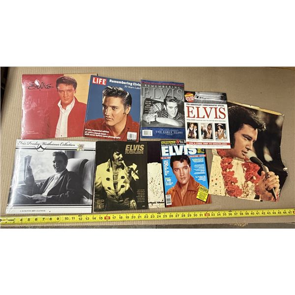 Collection of vintage Elvis Presley memorabilia, including calendars, special collector's edition ma