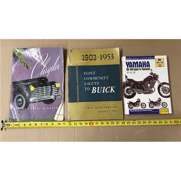 (3) Vintage printed items, a purple Chrysler Royal Windsor booklet on the left, a "1903–195