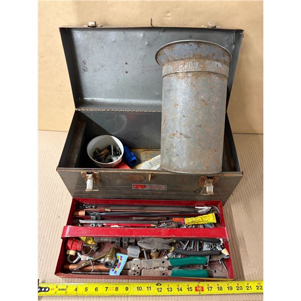 Vintage gray metal Craftsman tool box with some tools and assorted items alongside a galvanized meta