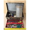 Image 1 : Vintage gray metal Craftsman tool box with some tools and assorted items alongside a galvanized meta