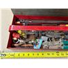 Image 2 : Vintage gray metal Craftsman tool box with some tools and assorted items alongside a galvanized meta