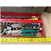 Image 3 : Vintage gray metal Craftsman tool box with some tools and assorted items alongside a galvanized meta