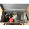 Image 4 : Vintage gray metal Craftsman tool box with some tools and assorted items alongside a galvanized meta