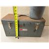 Image 6 : Vintage gray metal Craftsman tool box with some tools and assorted items alongside a galvanized meta