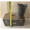 Image 7 : Vintage gray metal Craftsman tool box with some tools and assorted items alongside a galvanized meta