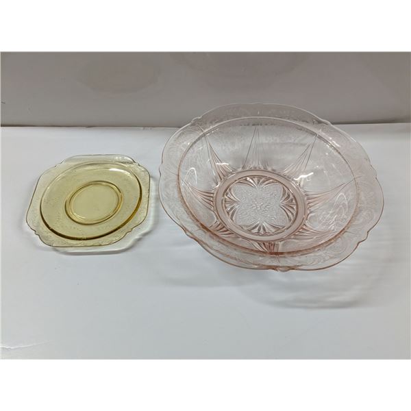 Vintage Depression Glass Lot – Pink Bowl, Amber Saucer