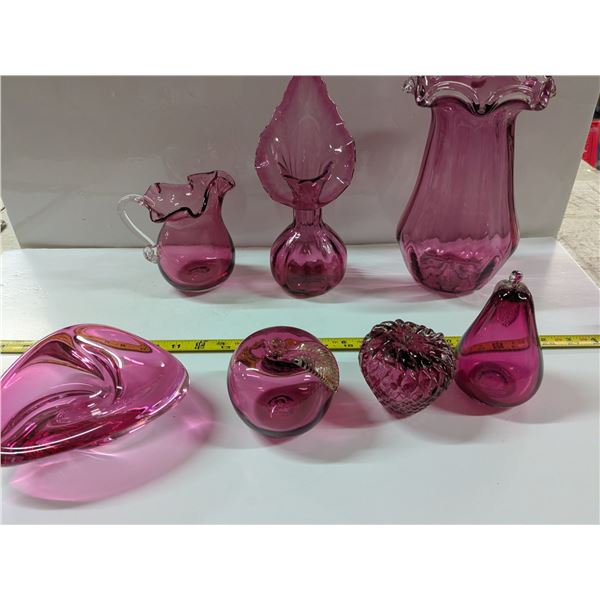 Cranberry Glass Lot – Fruits, Vases, Pitcher, Dish