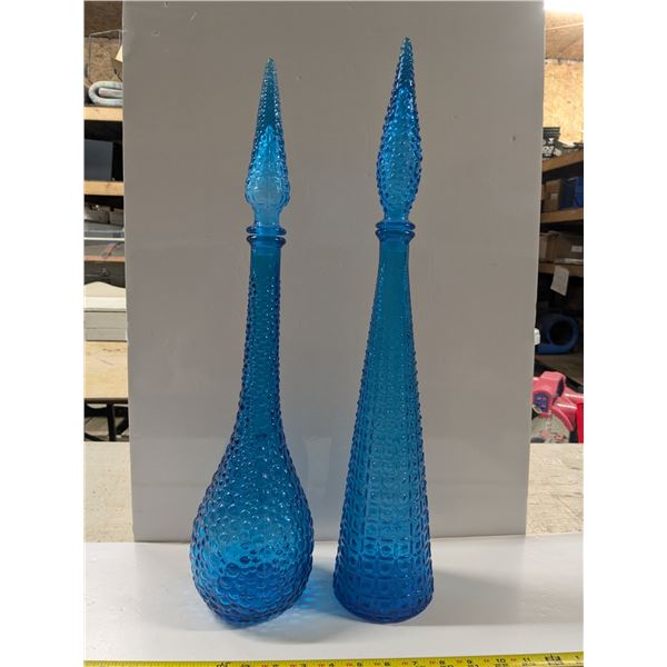 (2) Tall Blue Glass Decanter Bottles