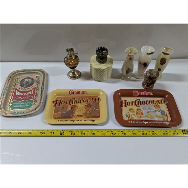Mixed Lot – Vintage Décor etc.  4x6” Advertising Trays, Mini Oil Lamps, etc.