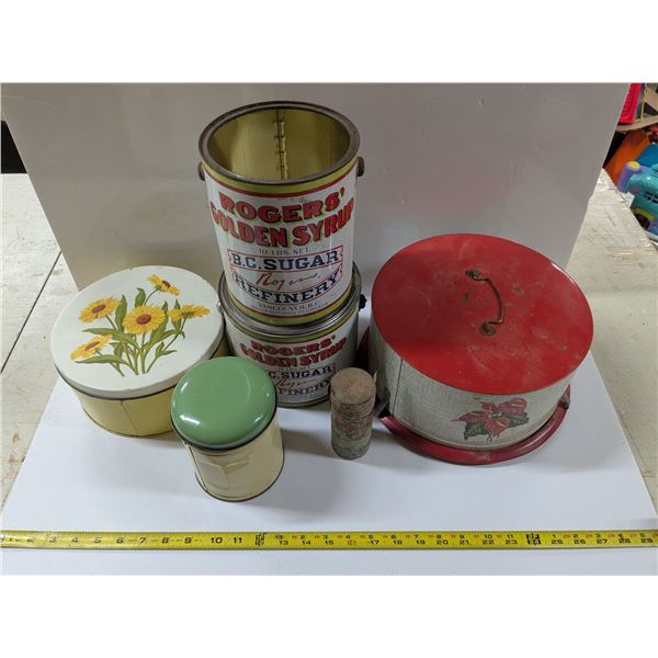 Vintage Tins etc. Lot – Rogers’ Syrup, Cake Tray, Antique Roup Powder etc.