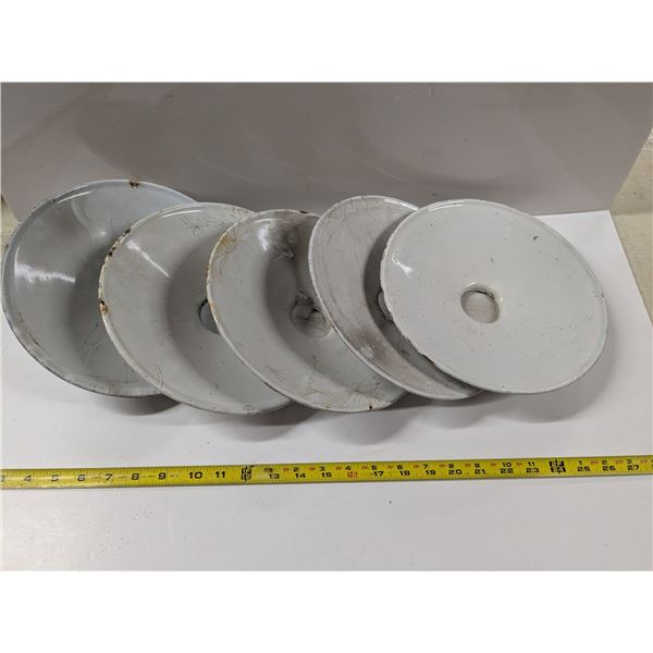 (5) 10” Vintage Porcelain Enamel Pendant Light Shades – one “Very Good[x=