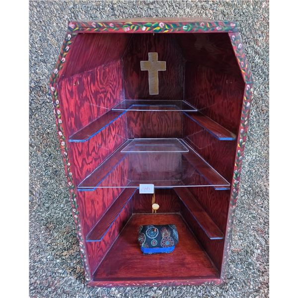 Handmade Coffin-Shaped Wooden Curio Cabinet / Display Shelf