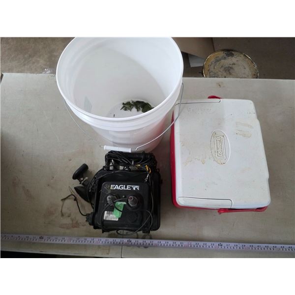 Bucket, cooler and eagle fish finder- untested
