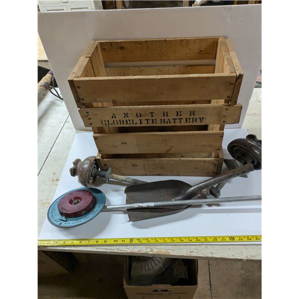 Vintage Wood Crate, High Voltage Insulators, Coal Shovel, Row Seed Planter