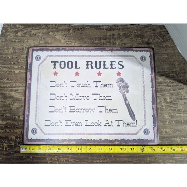 Tin sign, 13.5x10, "Tool Rules"