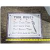 Image 1 : Tin sign, 13.5x10, "Tool Rules"