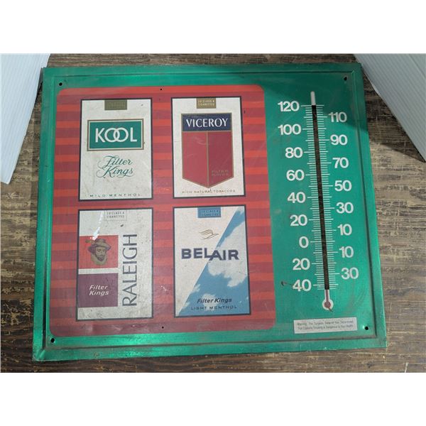 Vintage tin cigarette advertising sign, no thermometer, 19"x16.5"