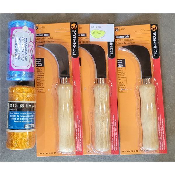 (3) NEW Linoleum Knives + 2 Spools Twine (Mason + Parcel)