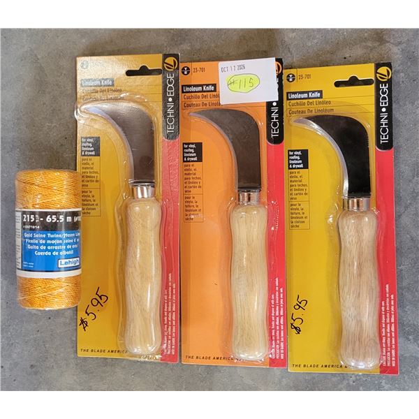 (3) NEW Linoleum Knives + 1 Spool Mason Line (215 ft)