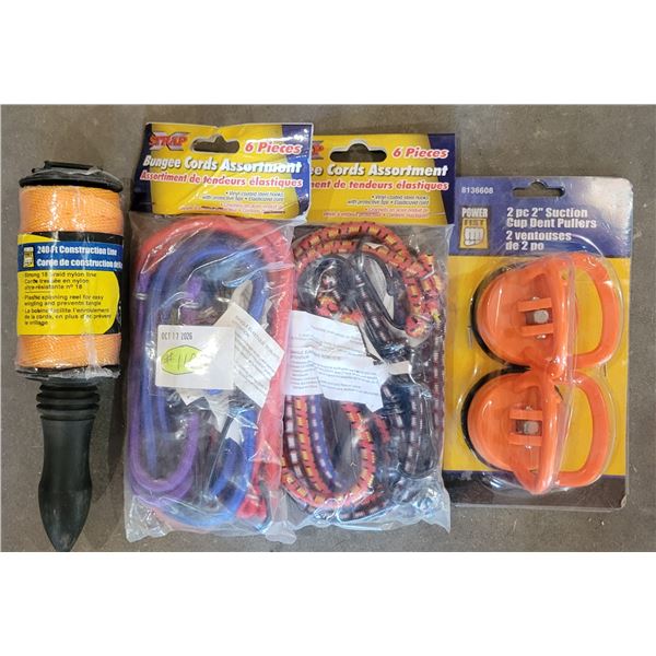 NEW Bungee Cords (2 Sets of 6), Suction Cup Pullers (2 pc), Construction Line