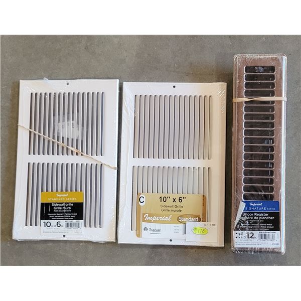 (2) NEW Sidewall Grilles 10" x 6" + Floor Register 2" x 12"