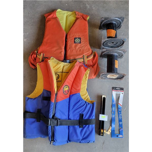 Large Life jackets (x2), boat seat risers (x2), Outboard Motor Lock