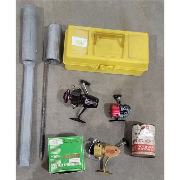 Fishing Reels (x3), Tackle Box, Rod Holders, Scott-McCulloch Oil Tin