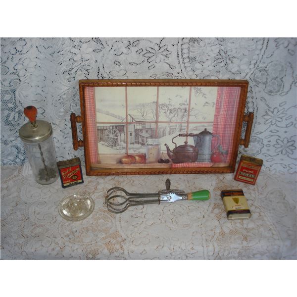 Assorted Vintage Kitchen Items  Metal Spice Tins  Manual Beater Etc