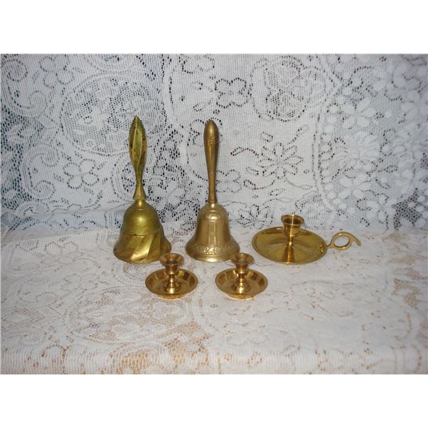 Brass Bells And Candle Holders   Some Green On Left Bell