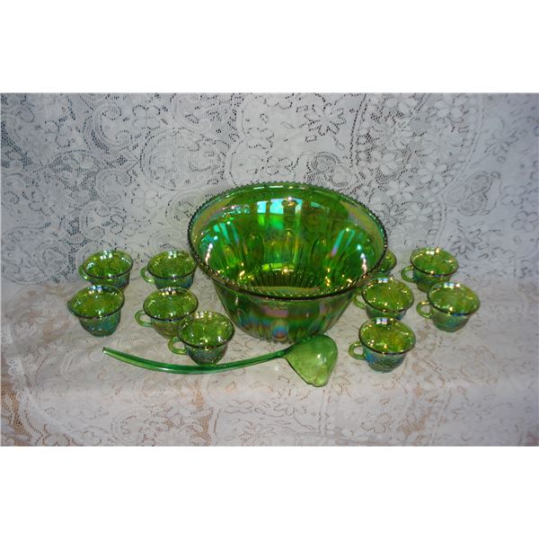 Green Carnival Glass Punch Bowl With Cups And Ladle
